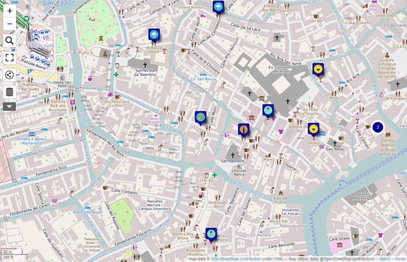 Nell'immagine: Estratto della mappa realizzata su uMap dagli studenti del Liceo Morin a Mestre, via OpenStreetMap, licenza ODbl
